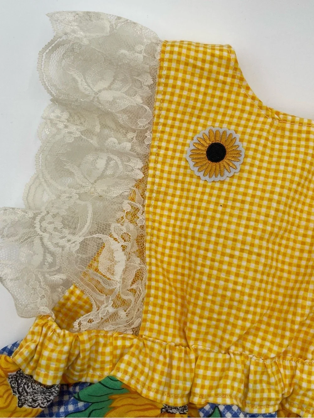 Handmade Sunflower Gingham Baby Dress with Blooming Skirt Lace Florals 9 mos